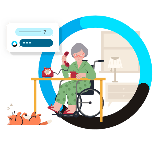Older woman in wheelchair with green pajamas talking on analog phone via IVR